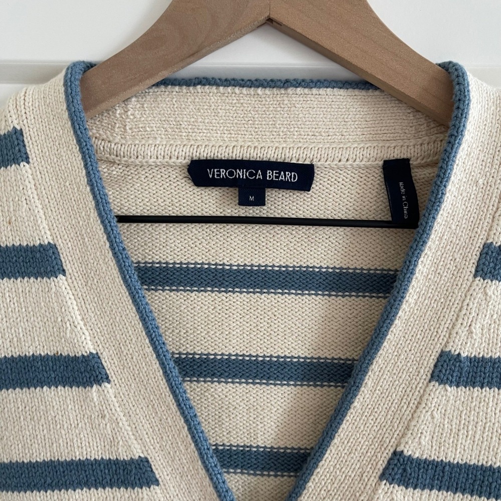 Veronica Beard Noorie Cardigan Sz Medium Ivory Blue Striped Cotton Chic Classic - Picture 7 of 16